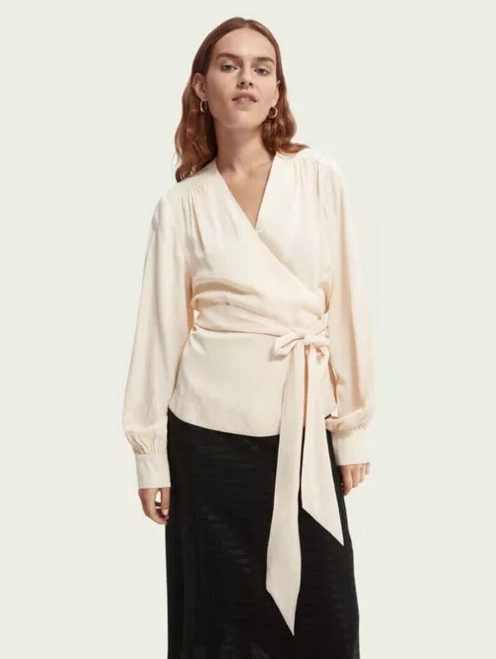 NWT Scotch & Soda Cocktail Hour Wrap Blouse M Cream Ecru Satin Boho Top